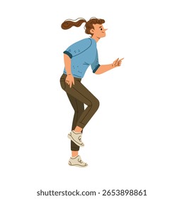 Vector illustration of a young woman dancing joyfully in casual clothes outdoors.