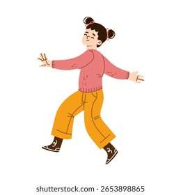 Vector illustration of a young woman dancing alone with joyful expression outside.