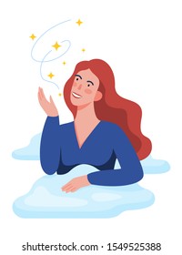 Vector illustration of young woman daydreaming. Female character think about something cheerful and smile. Happy dreamer with creative imagination, got an inspiration.