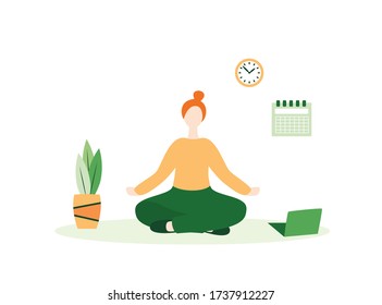 Vector illustration of young woman doing yoga during work break.