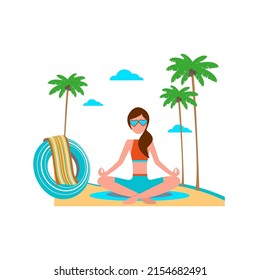 Vector illustration of a young woman doing yoga on the beach