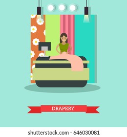 Vector illustration of young woman draping cloth in folds. Atelier, tailoring shop, fashion salon concept design element in flat style.