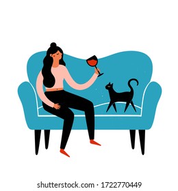 Vector Illustration With Young Woman Drinking Red Wine, Blue Sofa And Black Cat. Colored Print Design With Grunge Dots And Domestic Animal