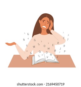 Vector Illustration Of A Young Woman With Dyslexia Having Difficulty Reading A Book.