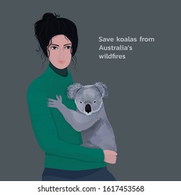 Vector illustration with a young woman of european appearance, who is holding a koala in her arms. Banner save koalas from fires in Australia. Help of volunteers, donations