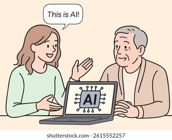 Vector illustration of a young woman explaining artificial intelligence to an older man using a laptop. Ideal for AI education, tech introduction, family tech scenes, and editable speech bubbles.