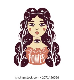 Vector illustration with young woman with eye tattoo, long dark hair, trees, stars and clouds and lettering quote - girl power