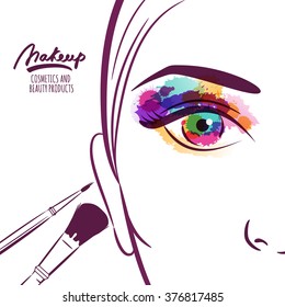 Vector illustration of young woman face with colorful eye and makeup brushes. Watercolor abstract background. Concept for beauty salon, cosmetics label, cosmetology procedures, visage and makeup.