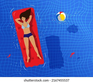 Vector Illustration Of Young Woman Floating On Pool Raft And Sunbathing In Water.