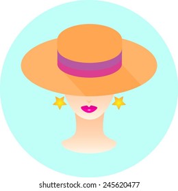 Vector illustration of a young woman in a floppy hat. Stylish girl portrait.