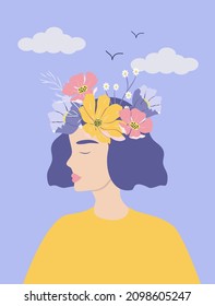 vector illustration - a young woman with flowers in her hair. harmony, care for mental health, pacification. illustration in flat style