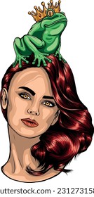 vector illustration of Young woman with a frog
