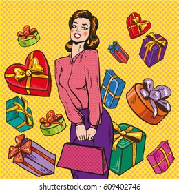 Vector illustration of young woman and gift boxes around her, pop art style in retro pop art comic style.
