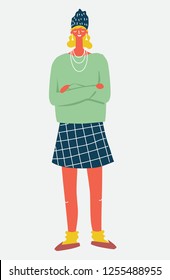 Vector illustration with young woman or girl dressed in trendy clothes. Female  cartoon character in a flat cartoon style isolated on white background. 