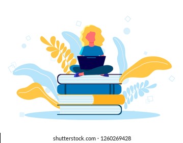 Vector illustration of young woman girl student graduate sitting on books with laptop. Flat concept for online education, learning, language courses, english school