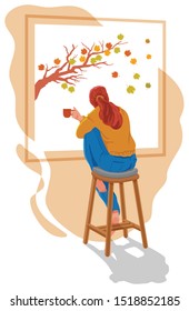 Vector illustration of young woman or girl sitting on wooden stool by the window, holding a cup of coffee or tea. Watching falling maple leaves outside. Wondering. Waiting for something or someone.