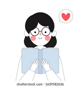 Vector illustration with young woman. Girl reading interesting book. Cartoon character