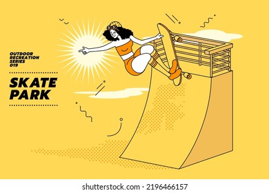 Vector illustration of young woman goes surfing with skateboard or surf skate at ramp track or skate park on modern style abstract with composition background.