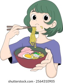 Vector illustration of a young woman with green hair enjoying a bowl of ramen with chopsticks, featuring colorful toppings like eggs and meat