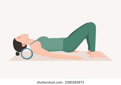 Vector illustration of young woman in green outfit practicing yoga with yoga roll. Exercise to relieve neck pain and stretch neck muscles.