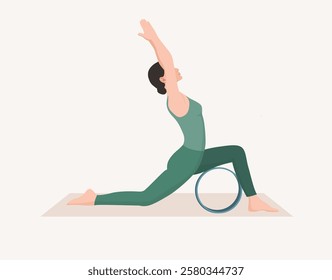 Vector illustration of young woman in green sportswear practicing crescent pose with yoga wheel. Exercise for good posture, body strength, flexibility and balance.