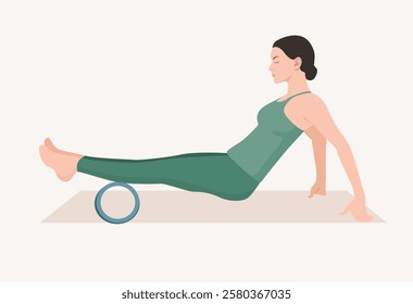 Vector illustration of young woman in green sportswear doing self-massage with foam roll. Exercise for reducing muscle soreness.