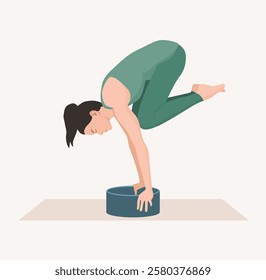 Vector illustration of young woman in green sportswear practicing Bakasana with yoga wheel. Young female doing crane pose. Exercise for good posture, body strength, flexibility and balance.