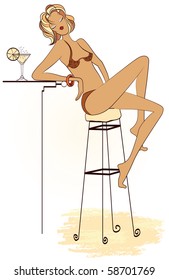 Vector illustration of a young woman having  cocktail at the beach bar