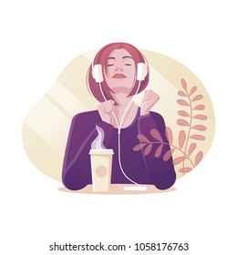 Vector illustration of young woman with headphones who drinks coffee and listens the music. Modern flat style.