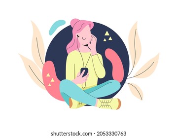 Vector illustration of a young woman in headphones. Listens to an audio book or music. Modern flat style design isolated on a white background.