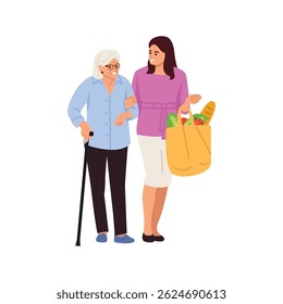 Vector illustration of a young woman helping an elderly woman on the street.Cartoon scene of a woman in a sweater, skirt, holding a bag of groceries, supporting an elderly woman with a walking stick.