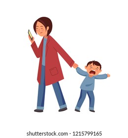 Vector illustration. A young woman holding a smartphone in one hand, the other holding the child's hand. The child is crying and cranky. 