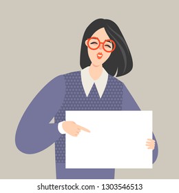 Vector illustration of a young woman holding a blank paper in her hands. Cartoon character from office life.