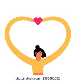 Vector illustration with young woman holding pink heart. Love who you are and love yourself concept art. Body positive, psychology health print design