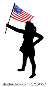 vector illustration of a young woman holding a flag of usa