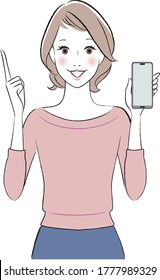 Vector illustration of young woman holding smartphone and pointing finger up 