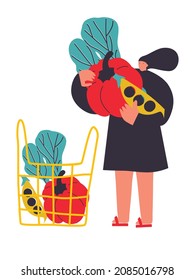 Vector illustration with young woman holding huge vegetables. Vegetables lover concept. Funny colored typography poster, apparel print design, bar menu decoration. Isolated. EPS 10. 