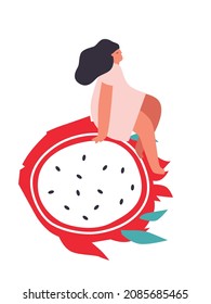 Vector illustration with young woman holding huge tropical fruit. Dragon fruit lover concept. Funny colored typography poster, apparel print design, bar menu decoration. Isolated. EPS 10. 