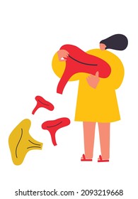 Vector illustration with young woman holding huge mushroom. Vegetables lover concept. Funny colored typography poster, apparel print design, bar menu decoration. Isolated. EPS 10. 