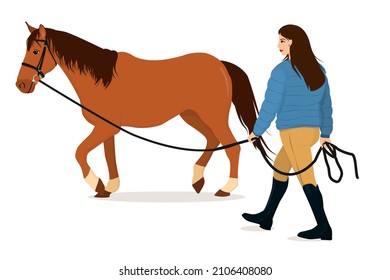 vector illustration of a young woman holding a horse on a leash. The theme of horse breeding and training. Isolated on a white background