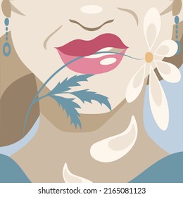 Vector illustration of young woman holding a daisy flower in her teeth. Modern flat style