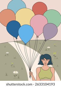Vector illustration of a young woman holding a bunch of colorful balloons with outdoor setting, flowers and a winding path. Minimalist and pastel-toned artwork representing freedom, happiness