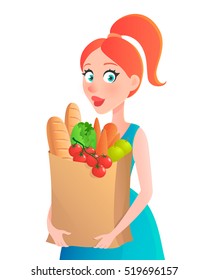 Vector illustration of young woman holding paper bag of groceries. Girl with vegetables in supermarket. Character in cartoon style. Shopping 