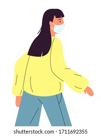 Vector illustration of young woman in hoodie wearing face medical mask. Viral pandemic, protection against infection of covid19. Coronavirus 2019-ncov flu. Respiratory protection from virus pandemia