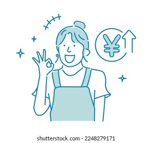 Vector  illustration of a young woman (housewife) who is pleased with the increase in money