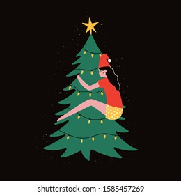 Vector illustration with young woman hugging green christmas pine tree with yellow garland and star. Cute greetin card design