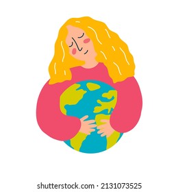 Vector illustration of young woman hugs earth globe in cartoon flat style. The concept of protecting the planet, saving ecology and the environment
