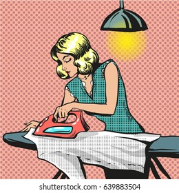 Vector illustration of young woman ironing clothes. Housewife in retro pop art comic style.