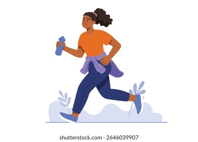 Vector illustration of a young woman jogging outdoors holding a water bottle. Flat design, healthy lifestyle concept, perfect for fitness, wellness, and sports projects.