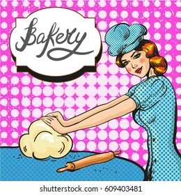 Vector illustration of young woman kneading pastry or dough. Bakery concept, retro pop art comic style.